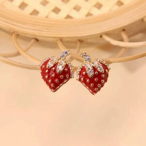Strawberry Crystal Stud Earrings Red Enamel Gold Tone NWT